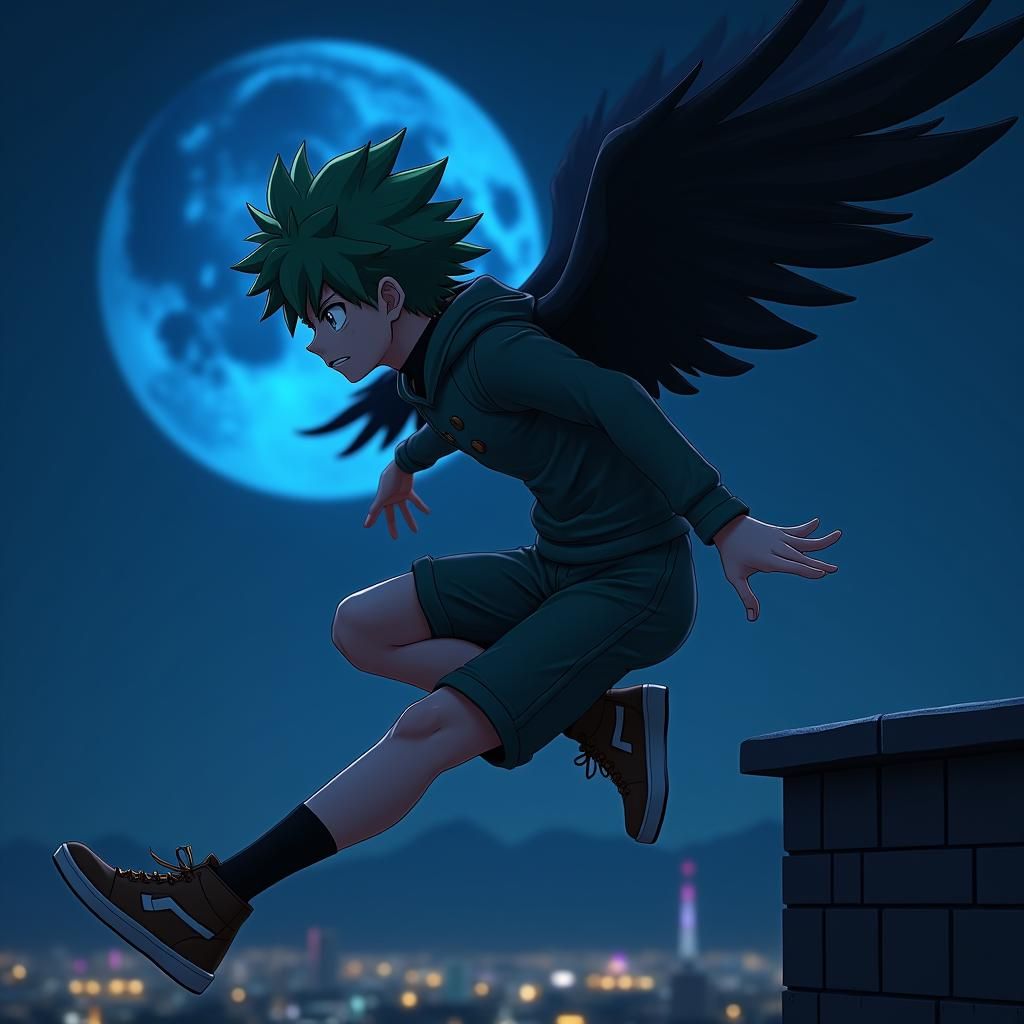 Anime Style Izuku Midoriya Leaps from Rooftop