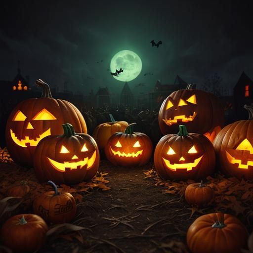 Hyperrealistic Haunted Pumpkin Patch at Night