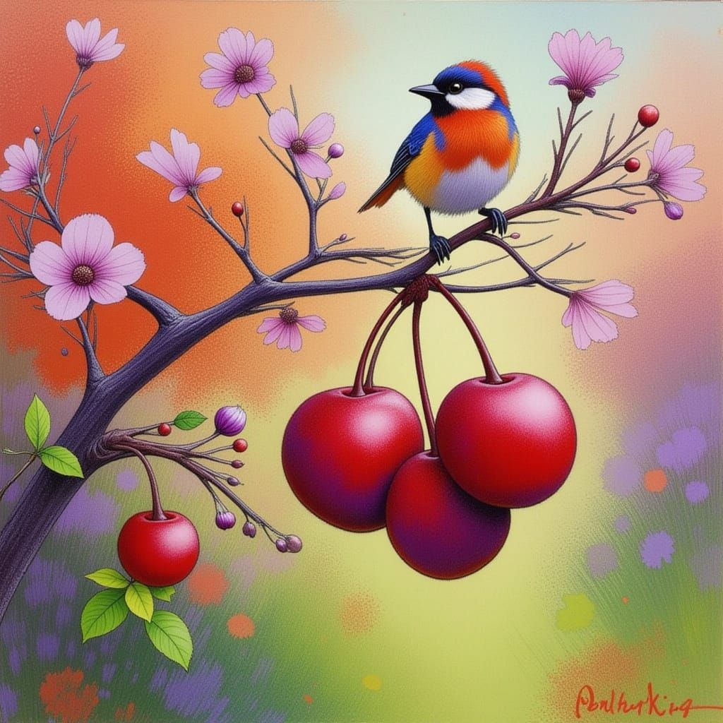 Bird Among Blooming Cherries: Watercolor Fantasy