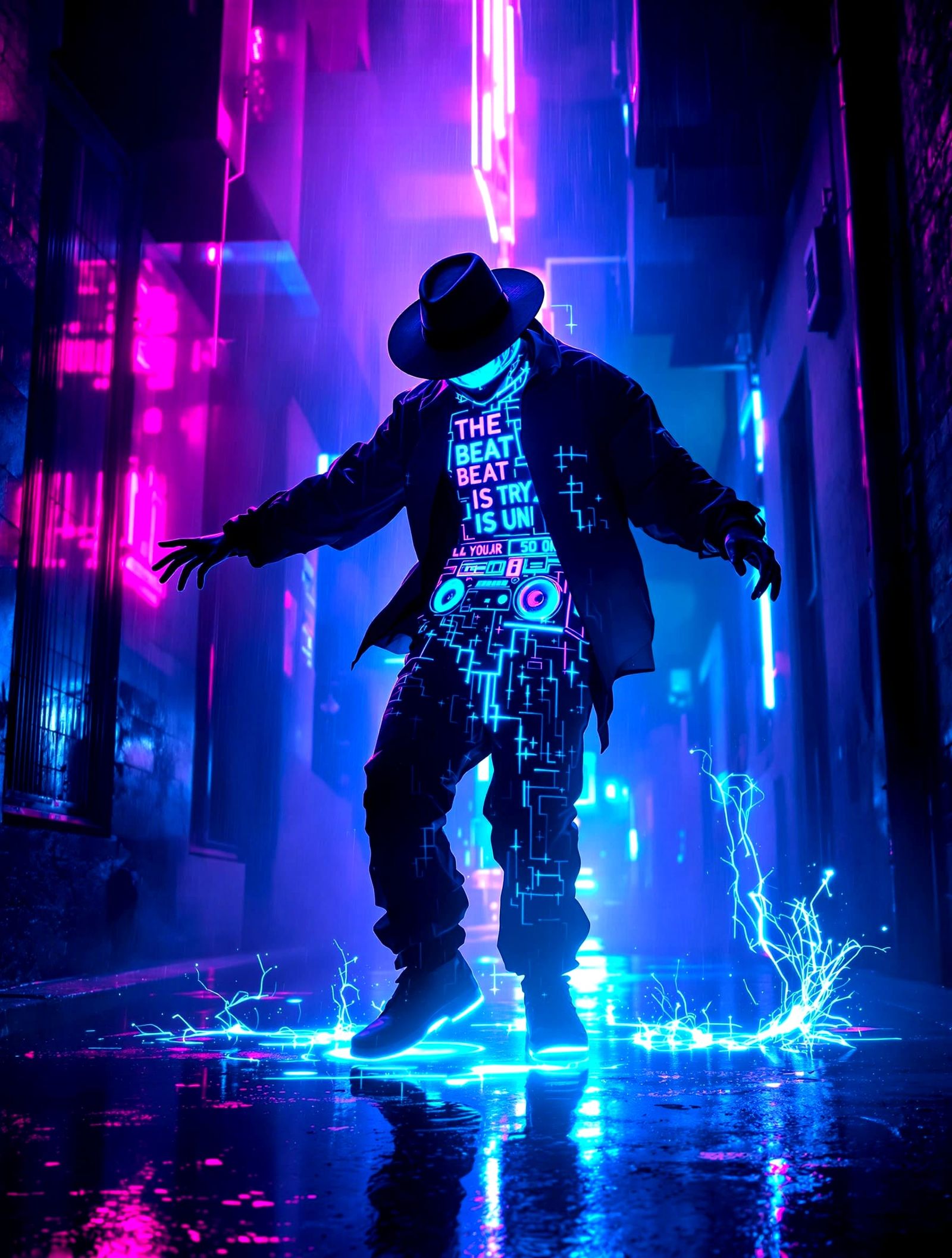 Cyberpunk Dancer Silhouette in Neon Reflections