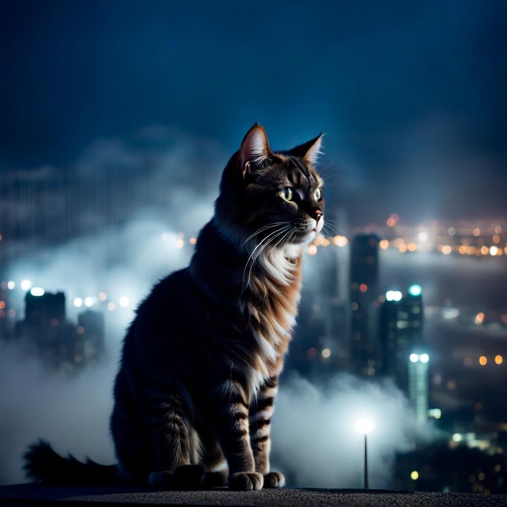 Ethereal Fog Cat in Cityscape at Night