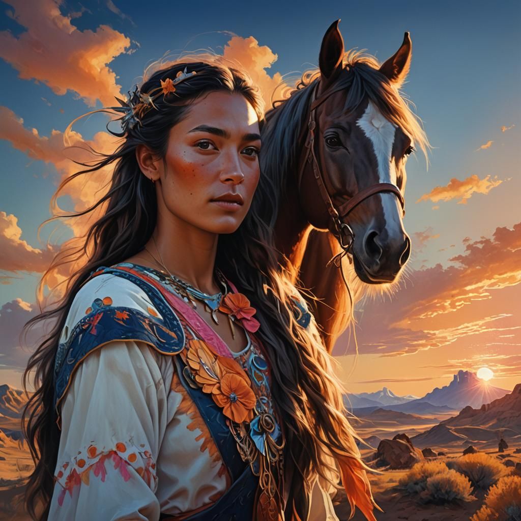 Young Woman and Horse at Sunset in Splash Art Style