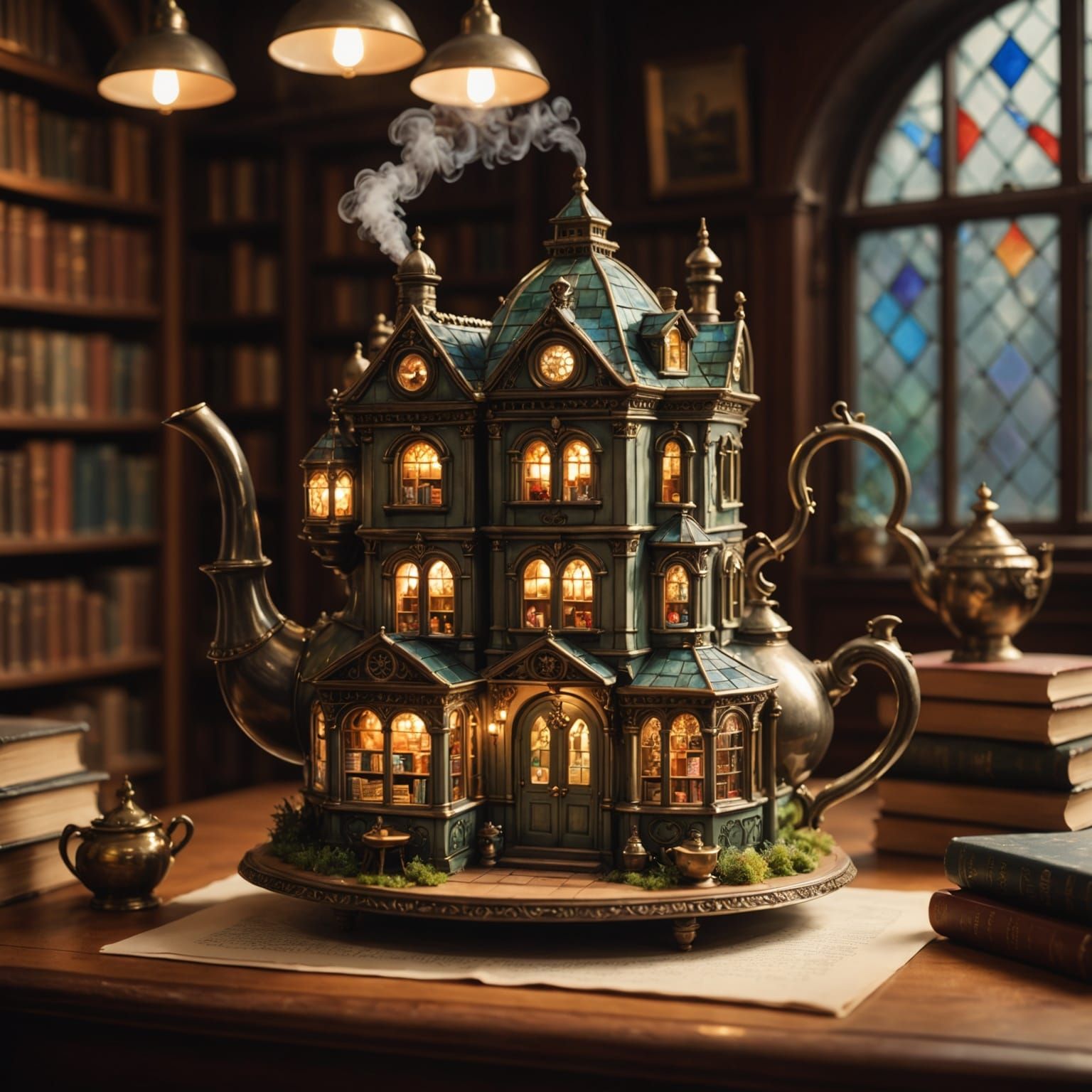 Whimsical Victorian Library Teapot in Storybook Style