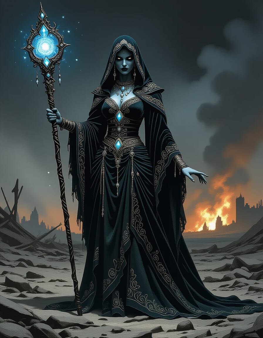 Ancient Sorceress on Desolate Battlefield in Baroque Style