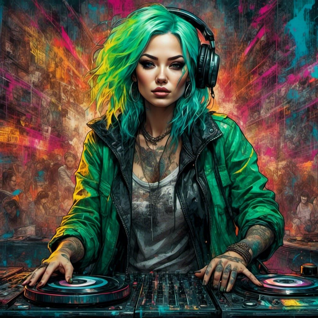 Neon Haired DJ in Club, Hyperrealistic Splash Art