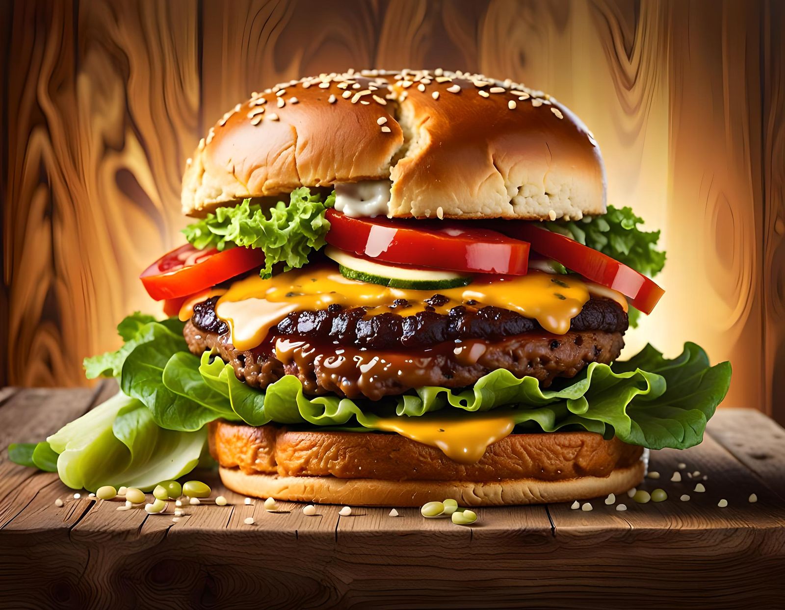 Loaded Hamburger on Vintage Wooden Table