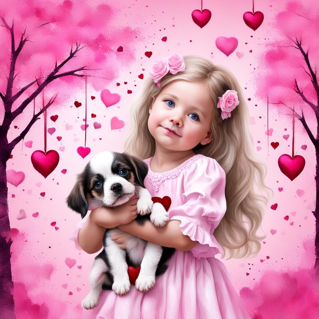 Girl with Puppy by Valentine's Tree in Pink