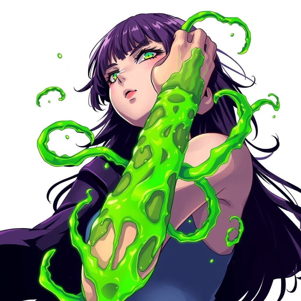 Glowing Anime Green Venom Wraps Around Young Woman's Arm