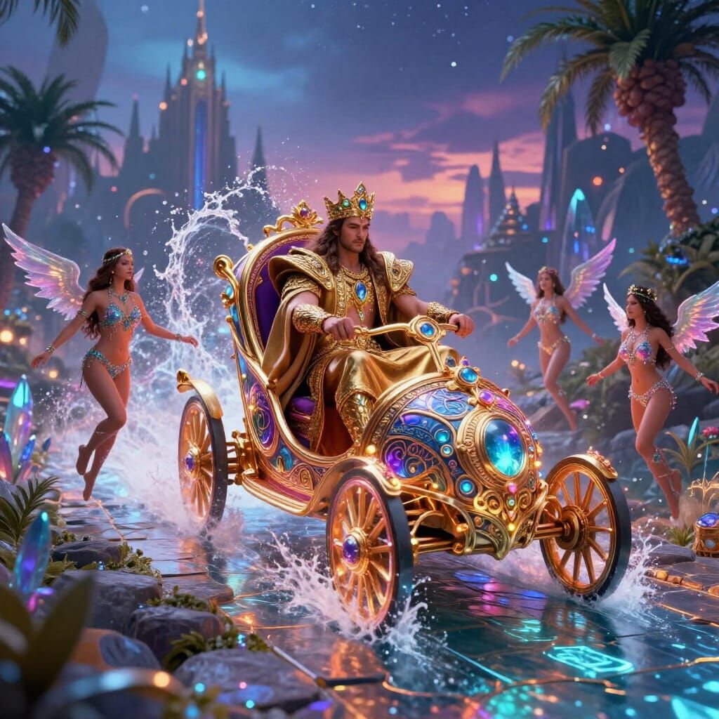 Mystical King in Enchanted Chariot with Sirens