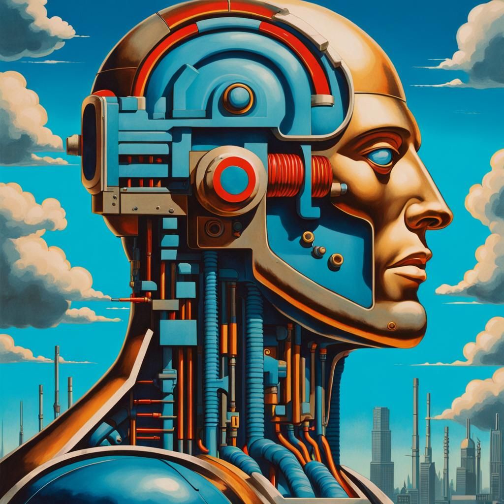 Cyborg Robot Head with Visible Robotics in Pop Art