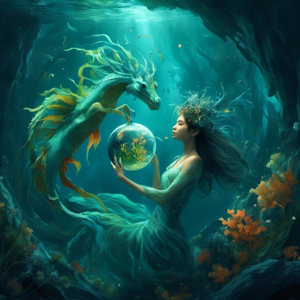 Fantasy Sea Horse Woman in Underwater Cavern