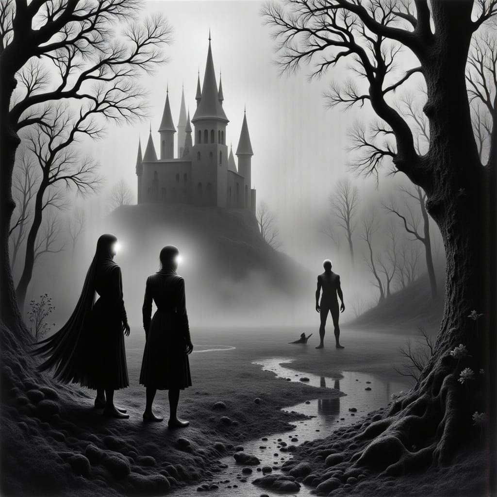 <lora:Flux Photogram 6:1.0> <lora:Death River:1.0> Black and...