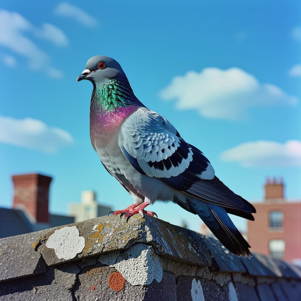 Iridescent Pigeon on Rooftop in Detailed Plumage