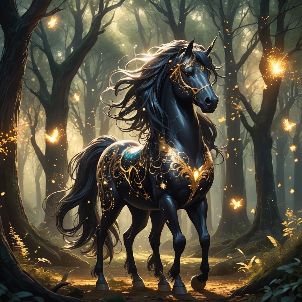 Black Unicorn in Mystical Forest: Fantasy Concept Art