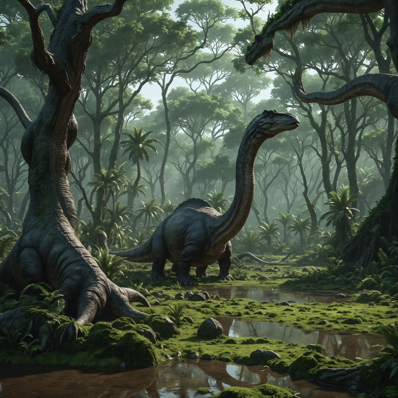 Prehistoric Brontosaurus Roams Primordial Swamp