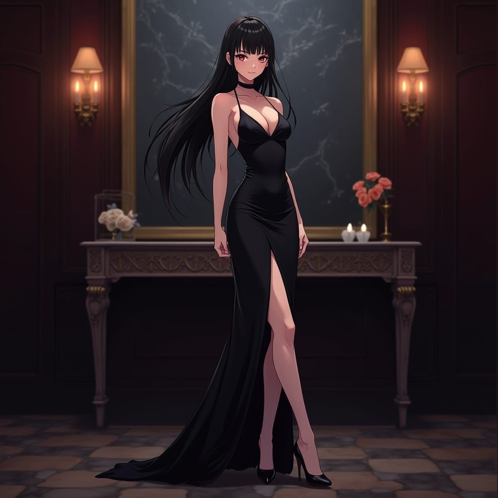 Anime Woman in Black Gown at Midnight Party