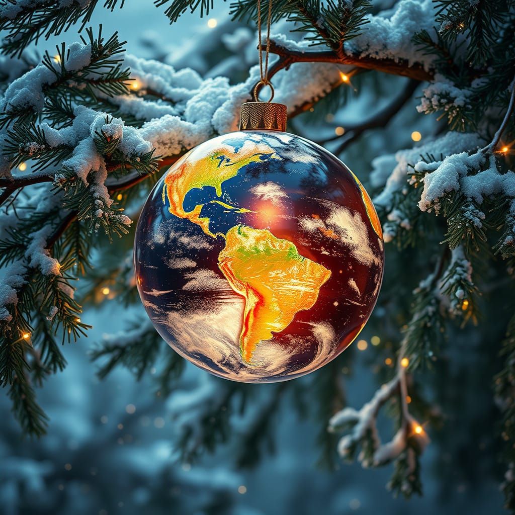 Surreal Christmas Earth Suspended in Whimsical Wonder