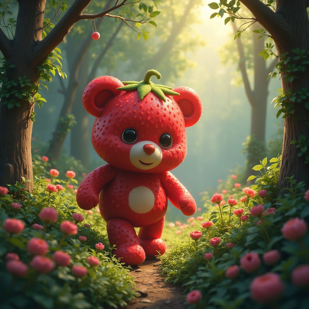 Whimsical Strawberry Teddy Bear Strolls Through Enchanted Fo...