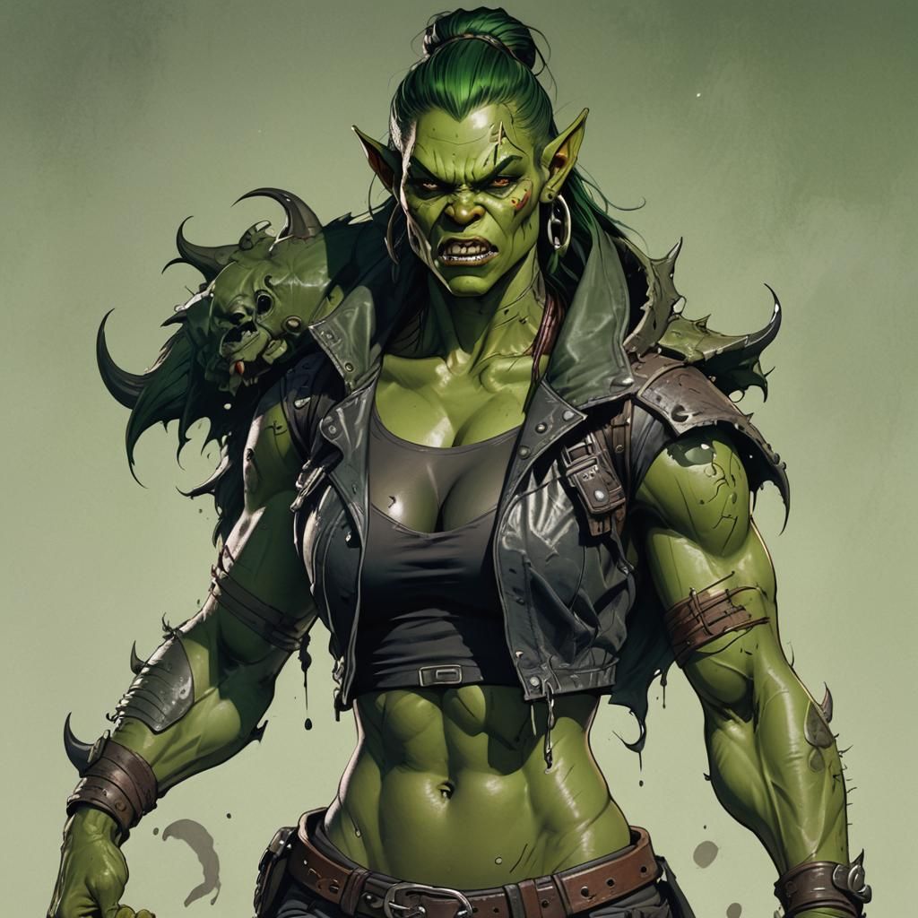 Muscular Female Ork in a Vivid Fantasy Landscape