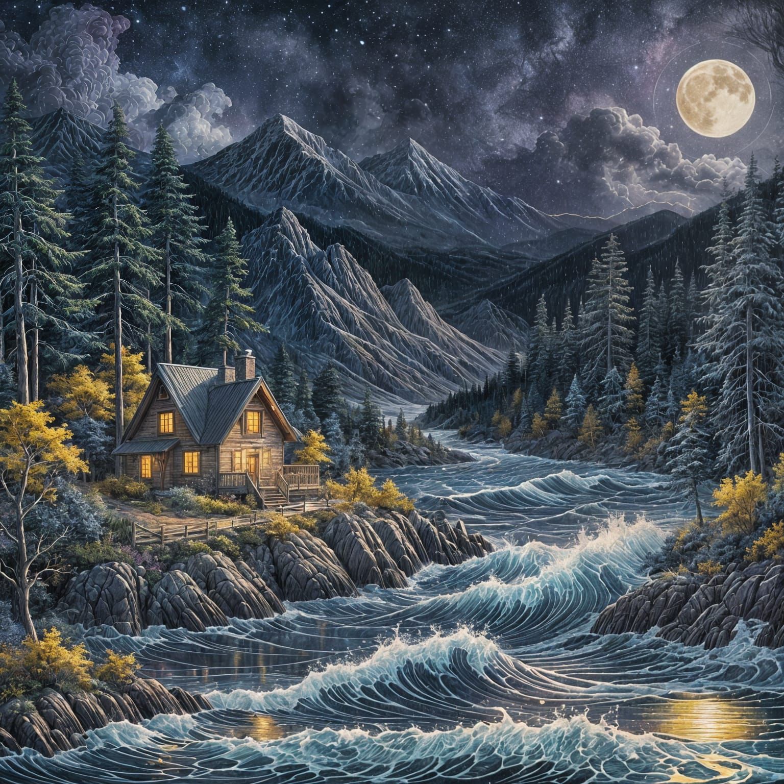 Moonlit Cottage on Lake in Impasto Watercolor