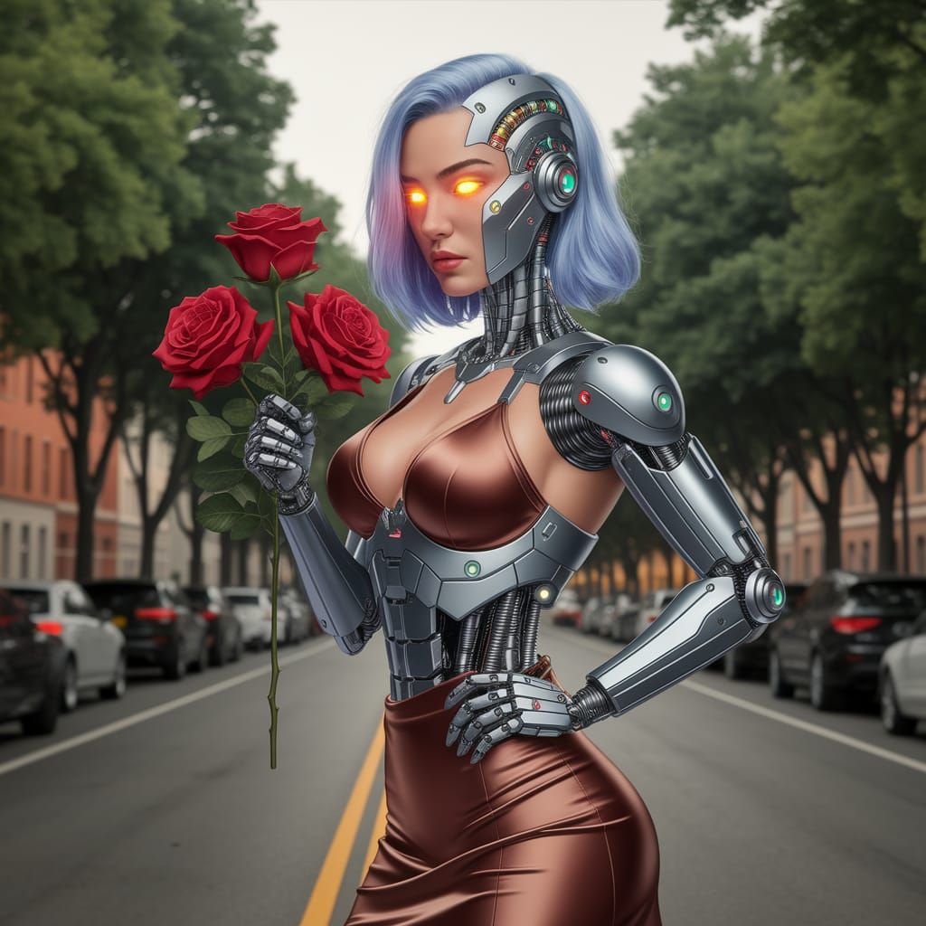 Cybernetic Woman With Roses in Pulp Comic Style