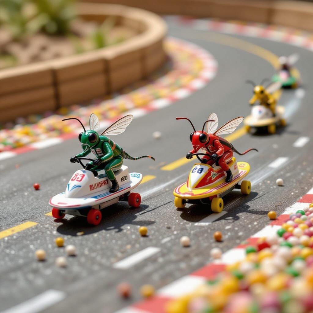 Insects as Pilots Race Skateboards on Candy Track