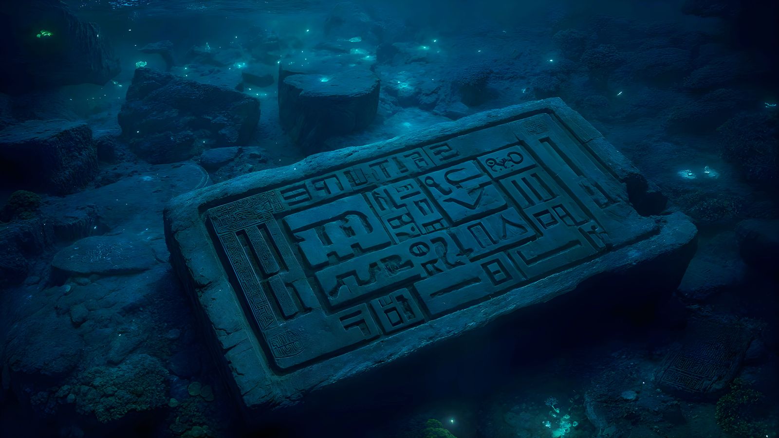 Ancient Tablet on Ocean Floor Illuminated by Bioluminescence