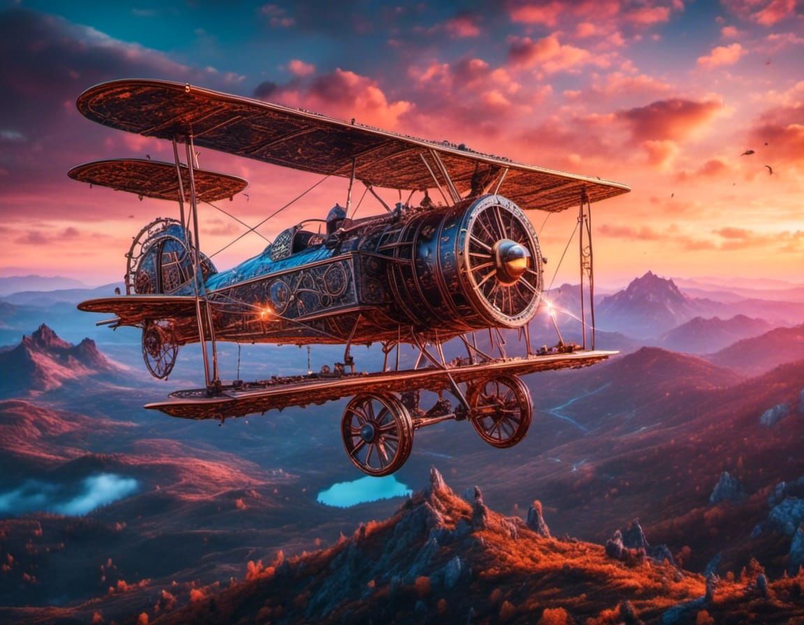 Steampunk Biplane Flight at Magic Hour