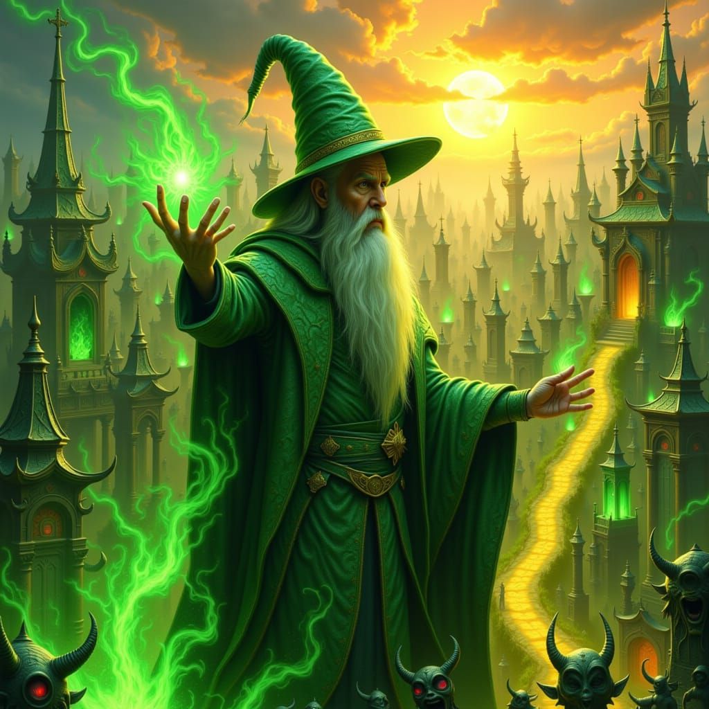 Wizard of Emerald City Casting Spell at Sunset
