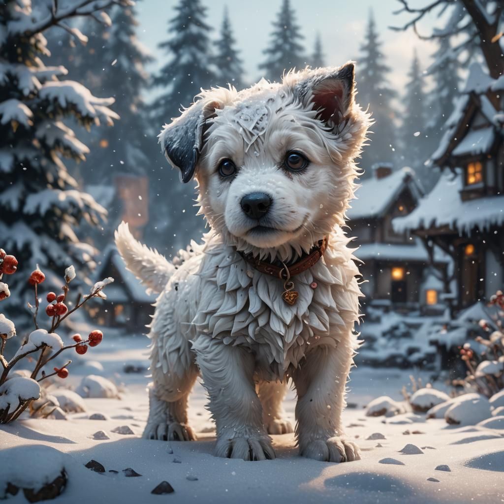 Cute Snow Puppy Playing: Detailed Matte Painting