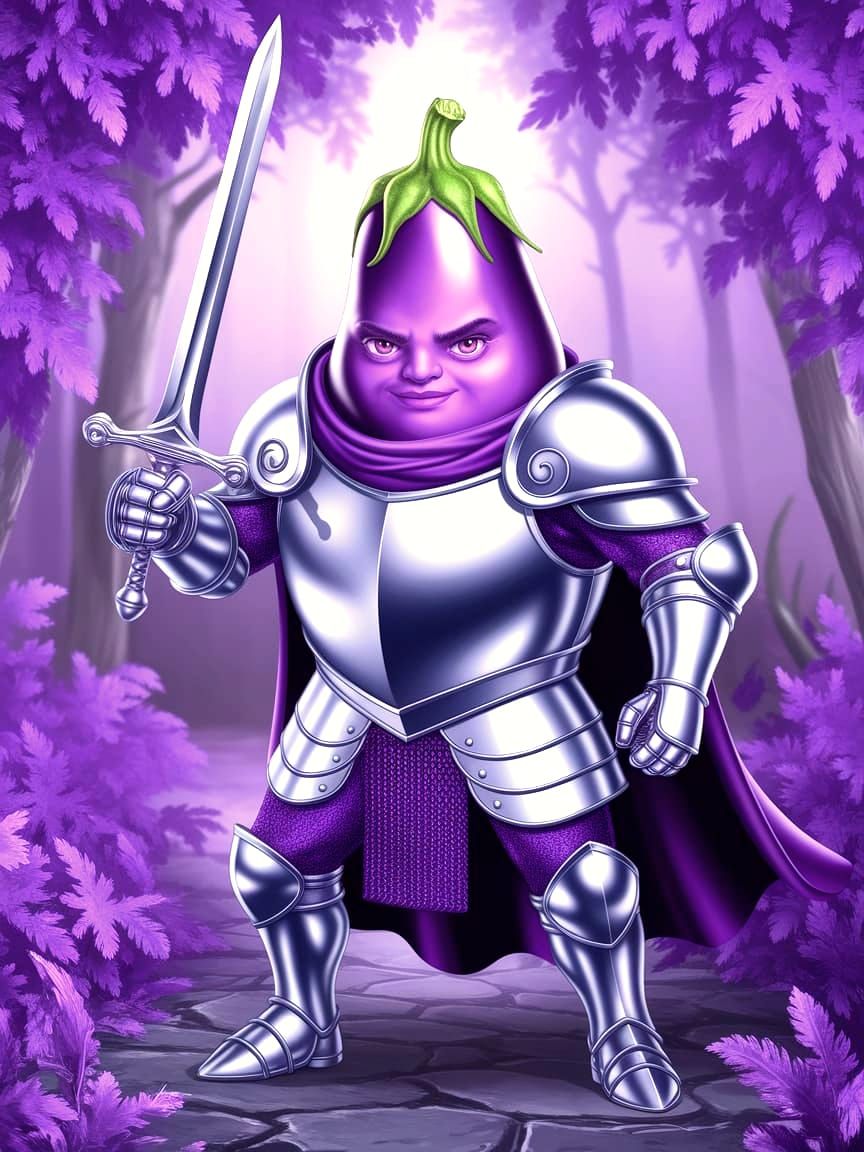 Purple Knight Eggplant in Whimsical Fantasy Armor