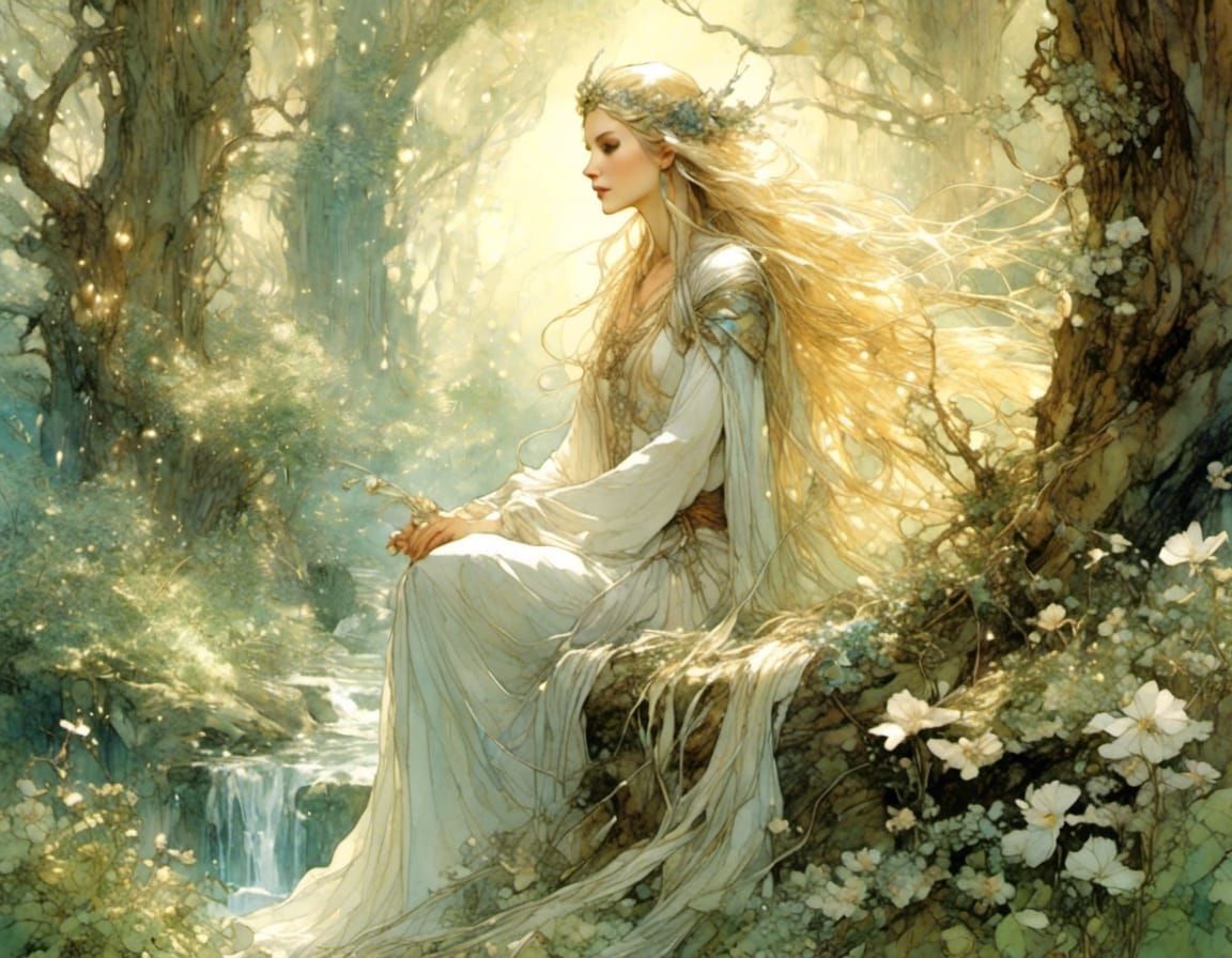 Galadriel with Twig Aesthetics in Digital Portrait