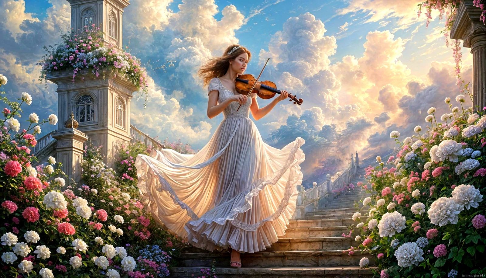 Ethereal Woman Ascends Staircase to Heaven Playing Violin