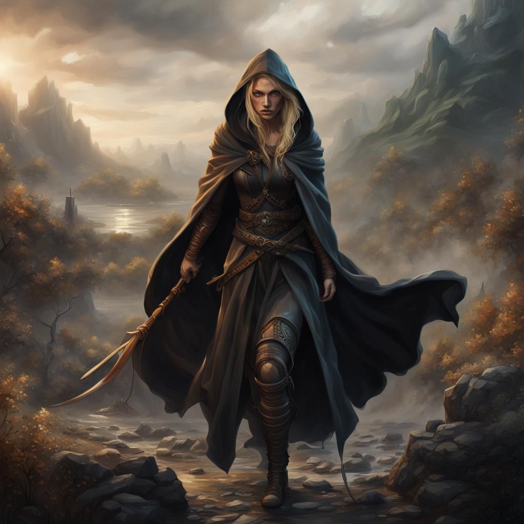 Fantasy Woman Fighter in Black Cloak