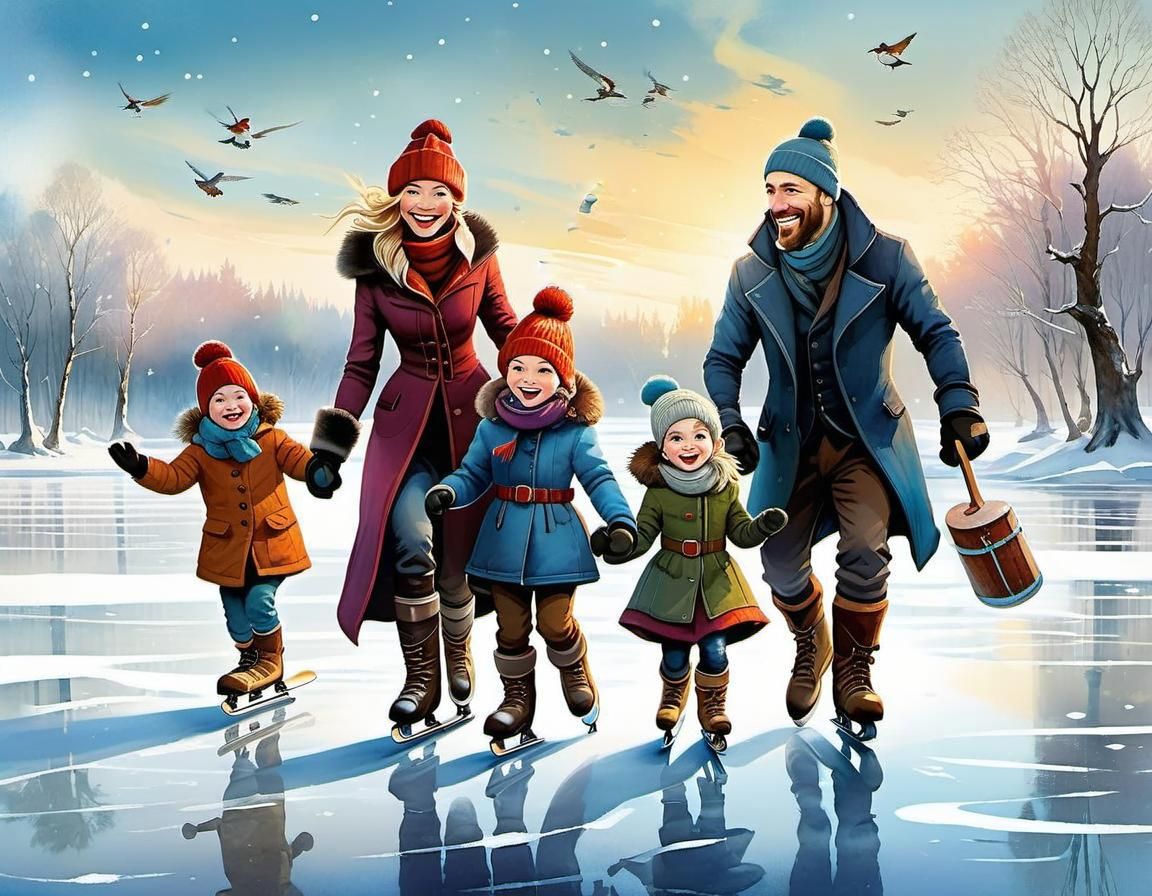 Family Skating on Frozen Lake in Watercolor Style