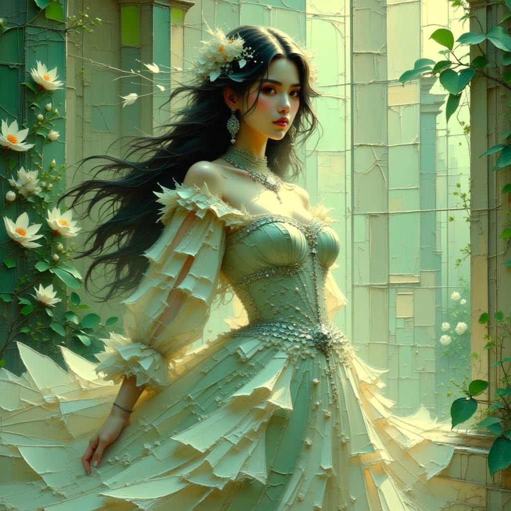 Ethereal Goddess in Glimmering Gown, Mirror Hall