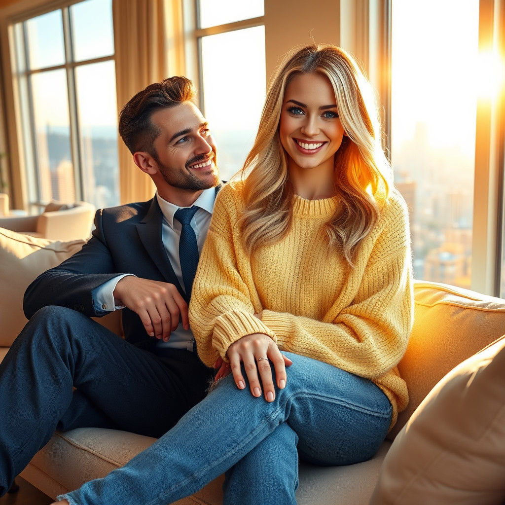 Blonde Woman in Sunny Living Room, Matte Painting