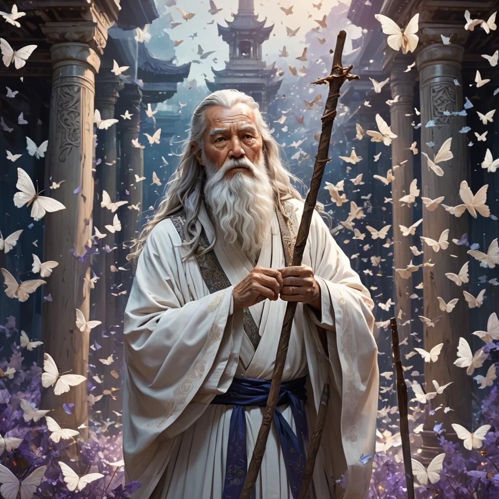 Old Man with Butterflies in Dreamlike Temple