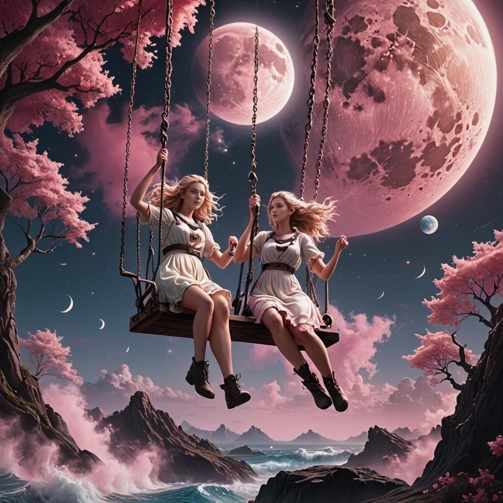 Girls Swinging in Space with Pink Moon