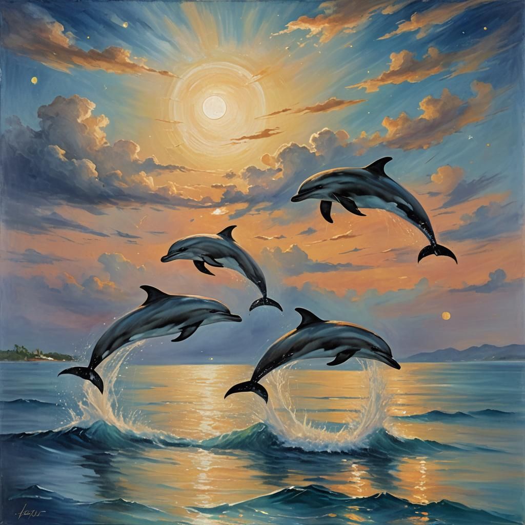 Dolphins Leaping in Moonlit Sea: Impressionist Oil Painting