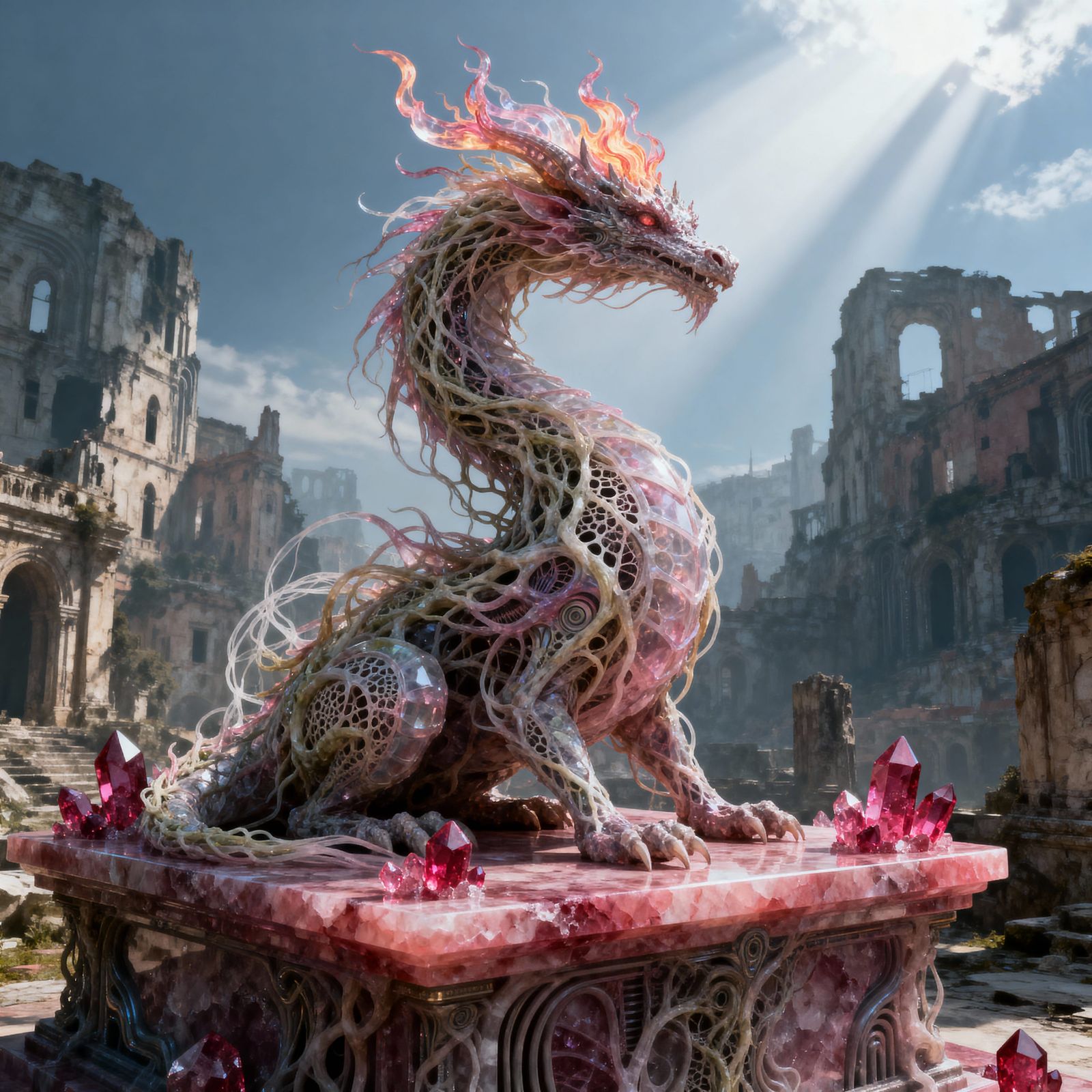 Biomorphic Dragon on Rhodochrosite Altar in Ruined City