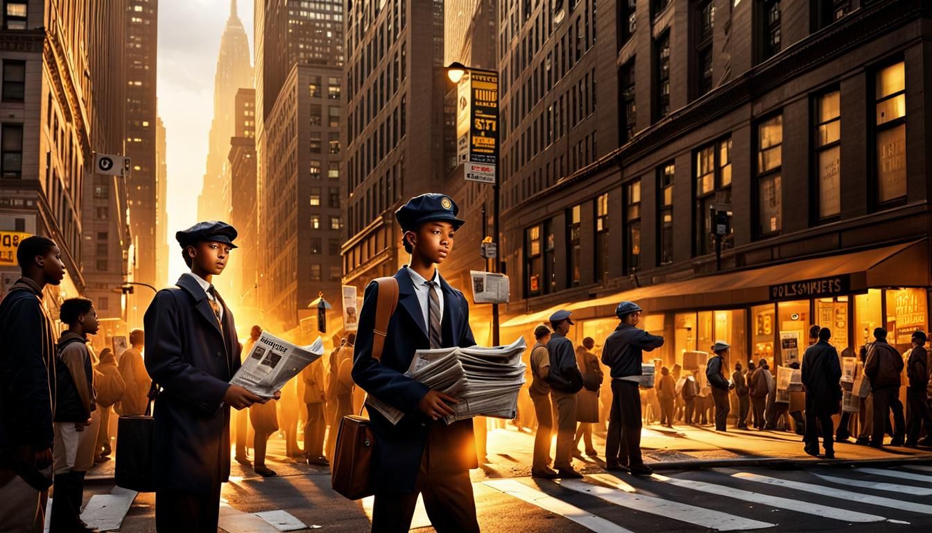 Newspaper Boy in Crowded Street: Ashcan School Scene