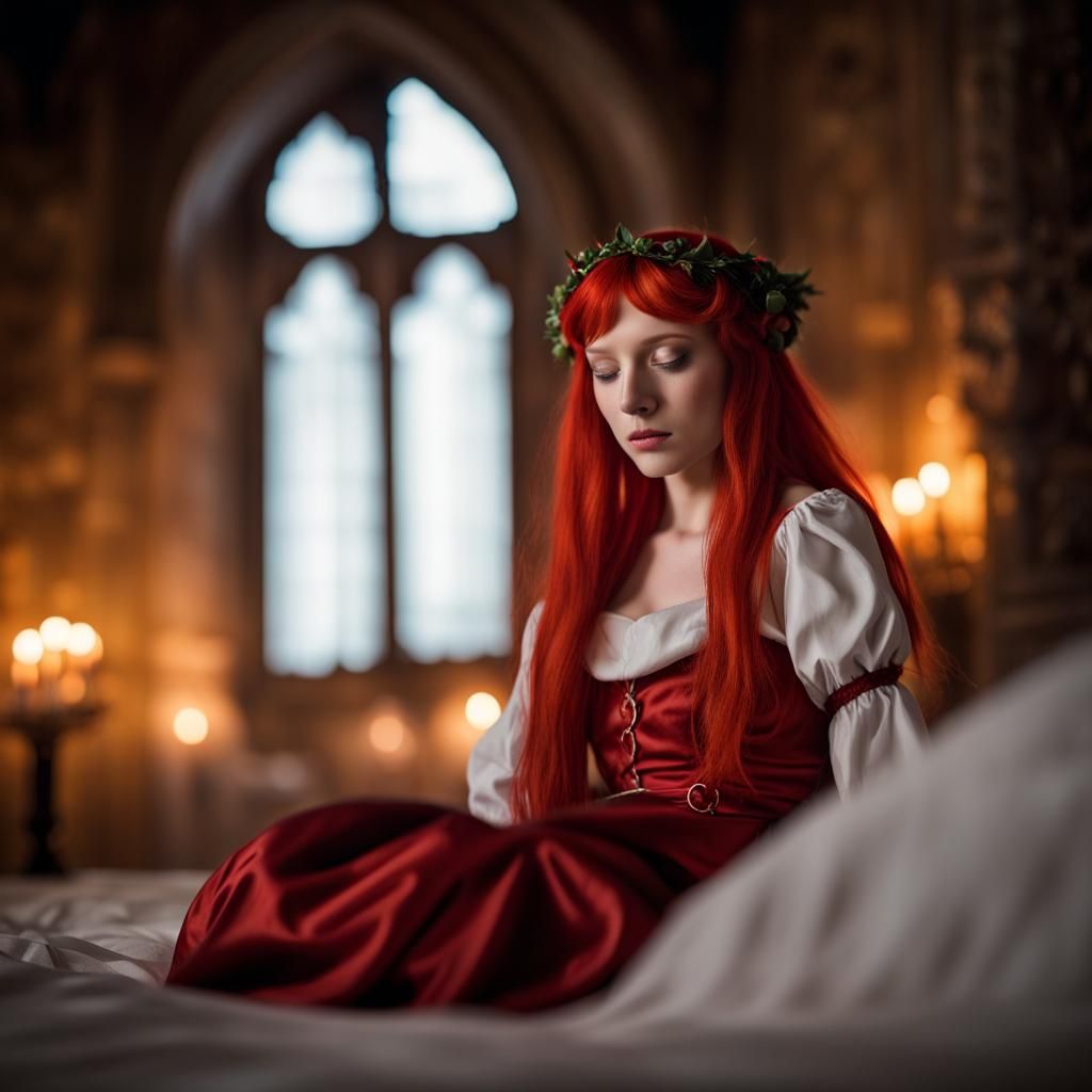 Red-Haired Elf Maid Sleeps in Castle Room