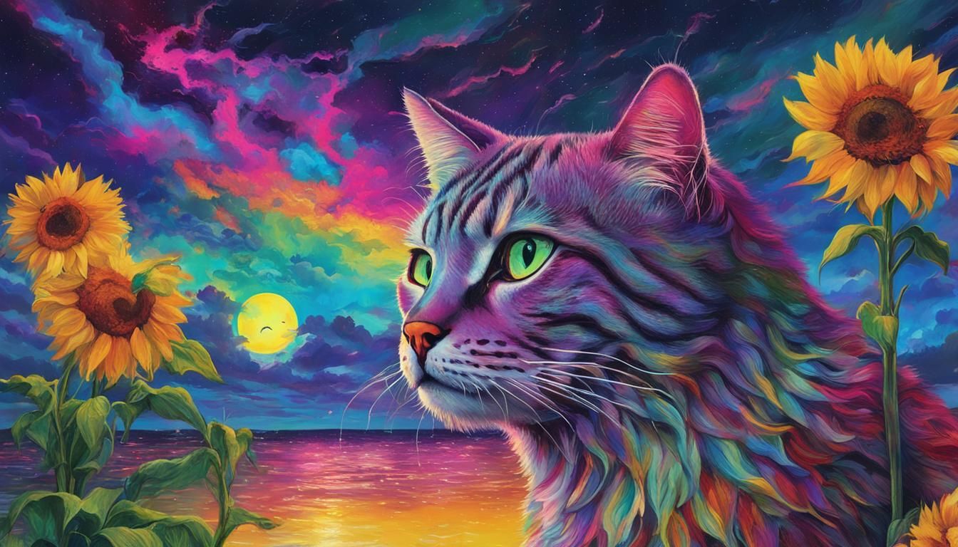 Surreal Cyberpunk Dreamscape with Neon Lights and Rainbows