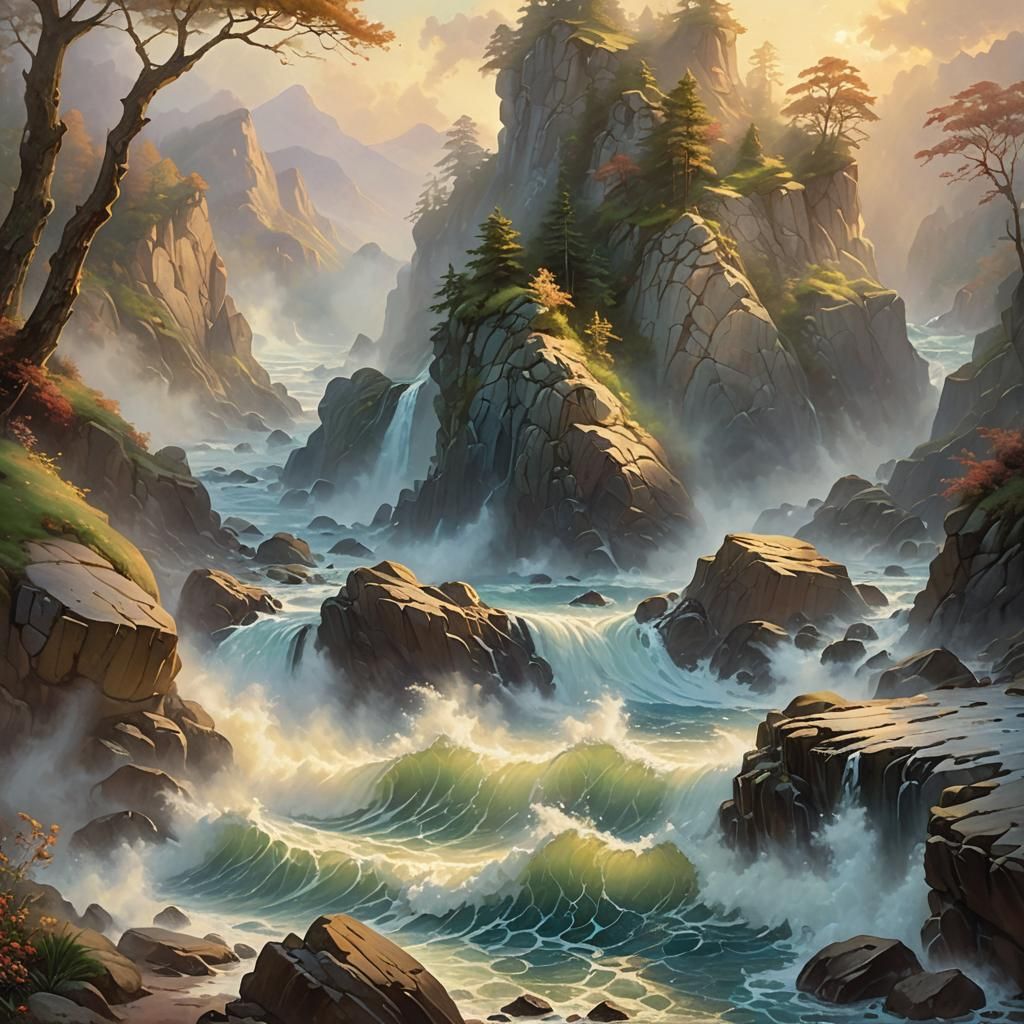Ethereal Ravine: Rock and Wave in Dreamlike Oil Painting