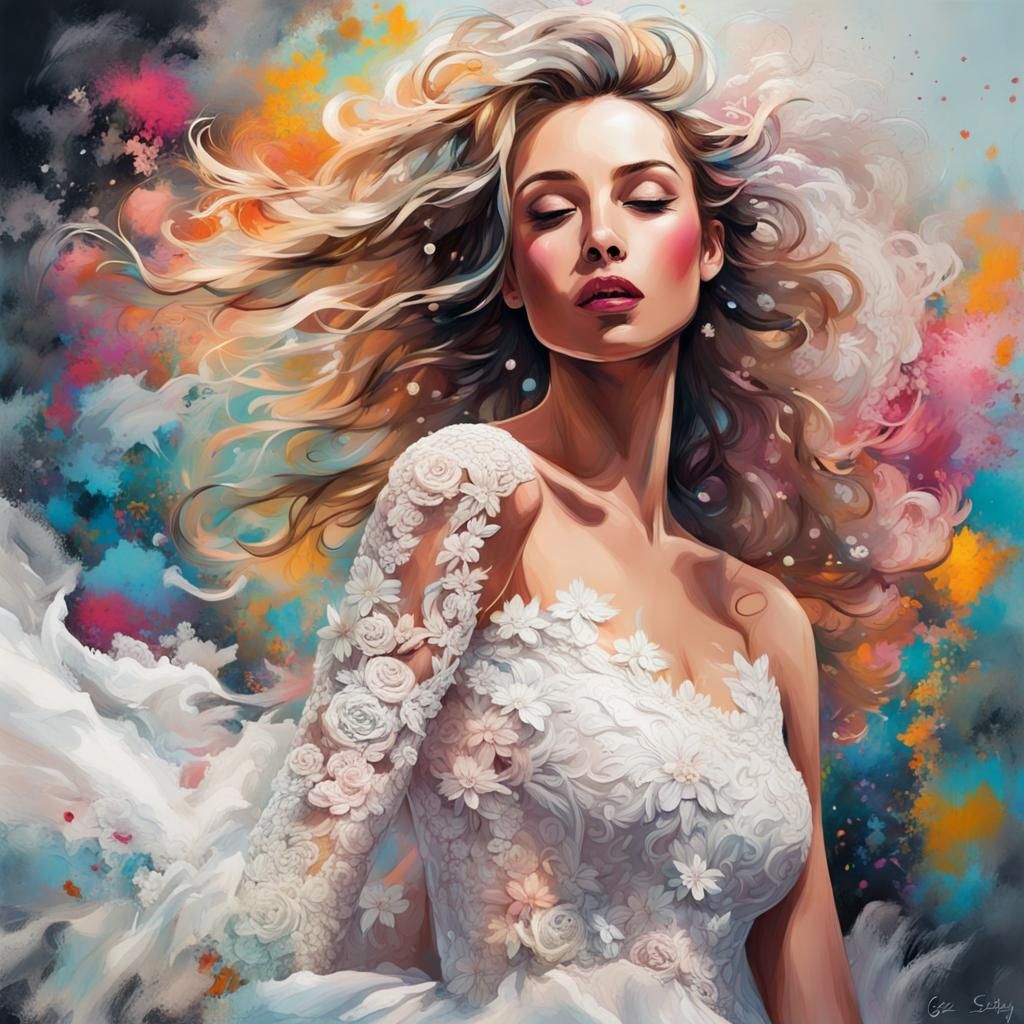 Woman in Floral Wedding Gown: Graffiti Art Style