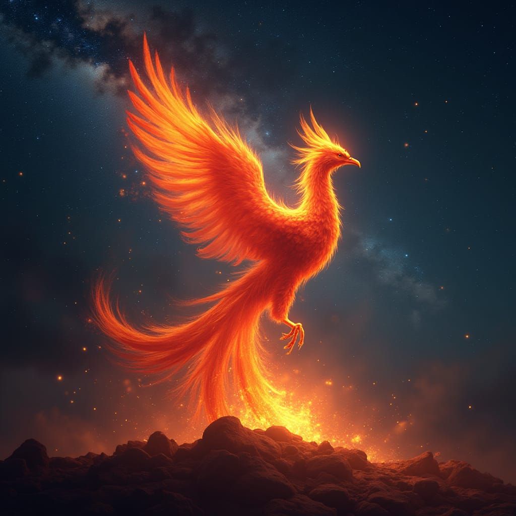Phoenix Rising from Embers in Cosmic Night Sky