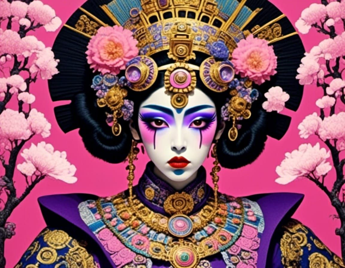 Geisha Under Cherry Tree in Ukiyo-e Style