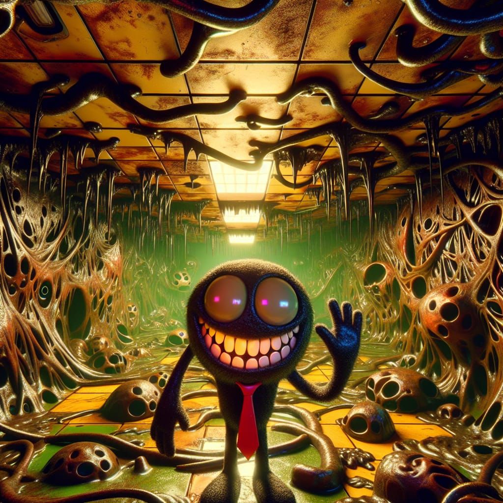 Eldritch Backroom: Cheerful Mascot in Biomechanical Horror