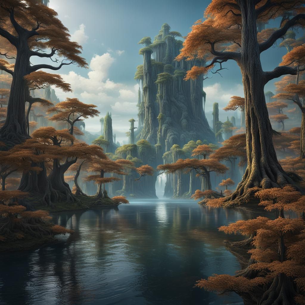Ancient Cypress Forest Lake: A Matte Painting